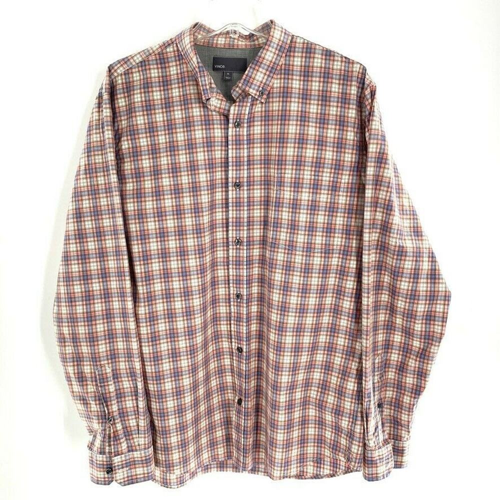 Vince Mens Plaid Button Front Shirt 100 Cotton Blue Pink Sz‎ XL Long Sleeve